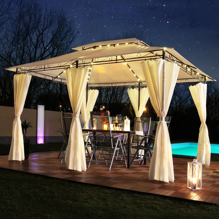 Swing&Harmonie Luxus LED - Pavillon 3x4m Minzo - inkl. Seitenwände mit LED Beleuchtung + Solarmodul Gartenpavillon, creme