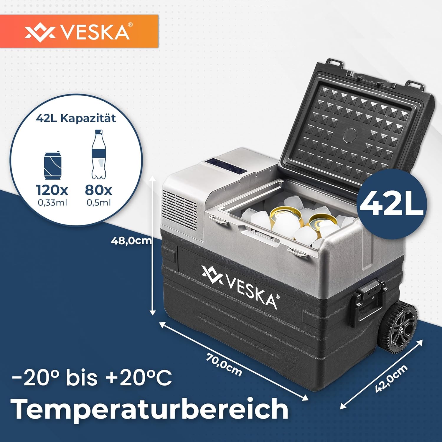 VESKA Kompressor Kühlbox elektrisch, Gefriertruhe mit APP-Steuerung - 42l anthrazit