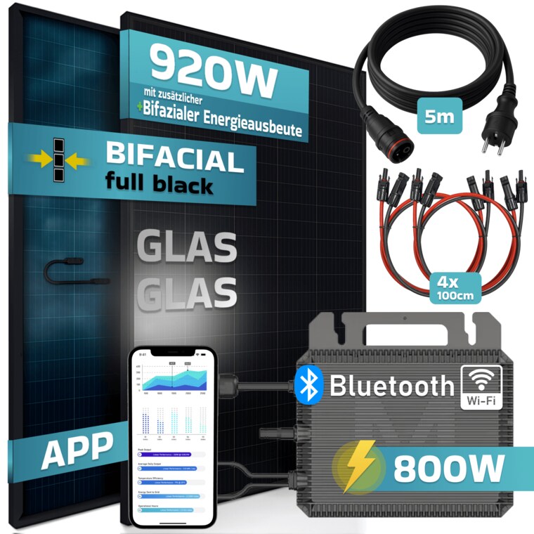 SUNNIVA® 920W Balkonkraftwerk BIFAZIAL FULLBLACK komplett Steckdose MARSTEK 800 Watt Wechselrichter, PV Solaranlage Komplettset, 2x460W N-Type Glas-Glas Bifacial Solarmodule, 5m Kabel, 4x1m Solarkabel
