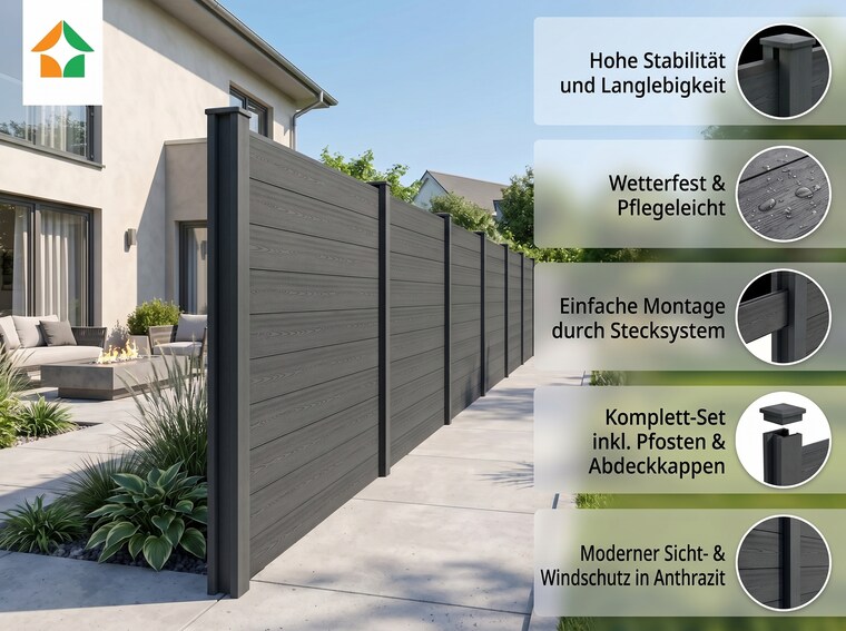 Prestige Home Living Outdoor WPC-Sichtschutzzaun Caracas - 5 Zaunelemente + 6 Pfosten - Anthrazit