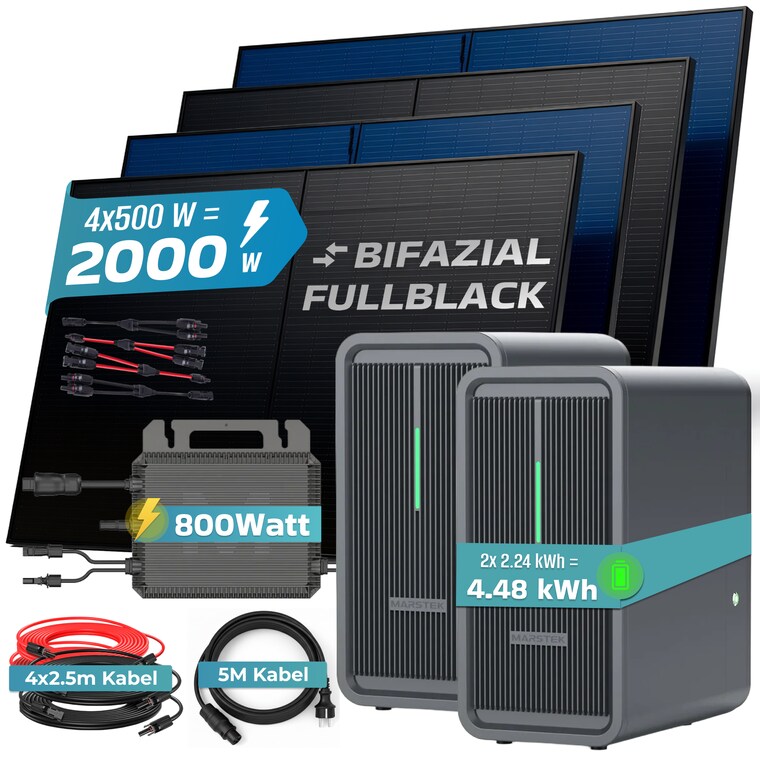 SUNNIVA® 2000W Balkonkraftwerk mit 4.48 kWh Speicher MARSTEK 2x B2500-D, BIFAZIAL FULLBLACK komplett Steckdose, PV Solaranlage Komplettset mit Solarspeicher, 4x 500W N-Type Glas Bifacial Module
