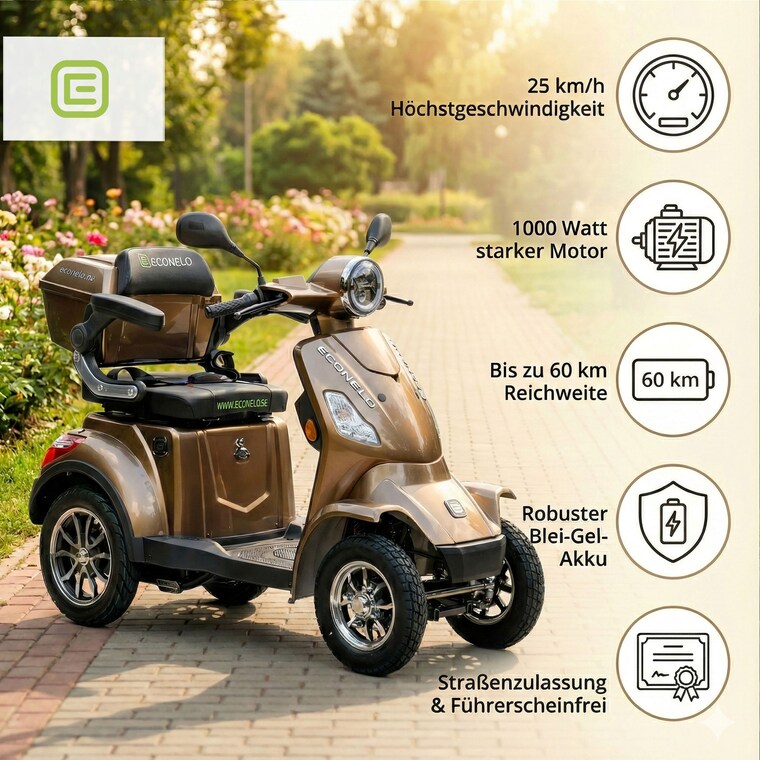 Econelo E-Seniorenmobil Voltrixx, Blei-Akku, 4-Rad, 1000 Watt, Braun