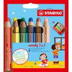 STABILO - woody 3 in 1 Multitalent-Stifte, Buntstift Wasserfarbe Wachsmalkreide, inklusive Spitzer, 6 Stück